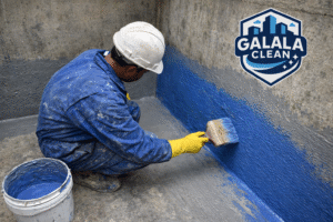 شركة عزل خزانات بنجران أثناء تنفيذ أعمال عزل خزان خرساني من الداخل باستخدام مادة عزل زرقاء بالفرشاة مع ظهور شعار الجلالة كلين أعلى يمين الصورة