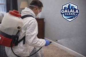 شركة مكافحة حشرات بنجران أثناء تنفيذ أعمال رش مبيدات حشرية بواسطة عامل متخصص يحمل جهاز رش على الظهر داخل إحدى الغرف مع ظهور شعار الجلالة كلين أعلى يمين الصورة