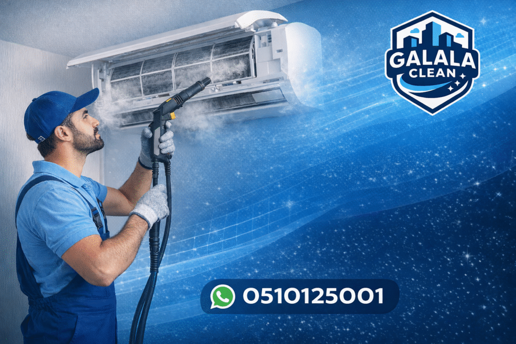 شركة مكافحة حشرات بنجران فني ينظف مكيف هواء داخل المنزل باستخدام جهاز حديث مع ظهور رقم التواصل 0510125001