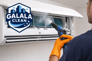 شركة تنظيف مكيفات بنجران فني محترف يقوم بتنظيف مكيف سبليت باستخدام جهاز بخار حديث لإزالة الأتربة وتحسين كفاءة التبريد مع ظهور لوجو الجلالة كلين على الصورة