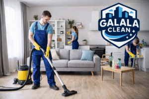 شركة تنظيف شقق بنجران فريق متخصص يقوم بتنظيف الشقق باحتراف داخل غرفة معيشة باستخدام معدات حديثة مع ظهور لوجو الجلالة أعلى يمين الصورة