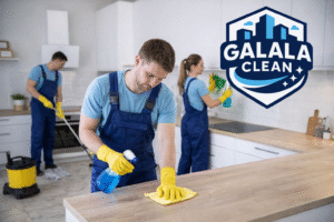 شركة تنظيف بظهران الجنوب فريق متخصص ينفذ أعمال تنظيف الشقق داخل مطبخ حديث باستخدام معدات تنظيف احترافية مع ظهور لوجو الجلالة أعلى يمين الصورة