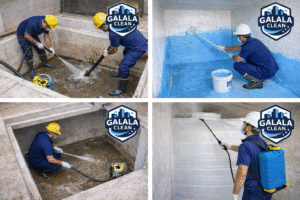 شركة عزل وتنظيف خزانات بظهران الجنوب أثناء تنفيذ أعمال تنظيف وعزل وتعقيم خزانات المياه باستخدام معدات حديثة وبأيدي فنيين متخصصين