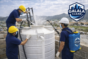 شركة عزل وتنظيف خزانات بظهران الجنوب أثناء تنظيف وتعقيم خزان مياه علوي فوق أسطح المنازل باستخدام معدات حديثة وبأيدي فنيين متخصصين