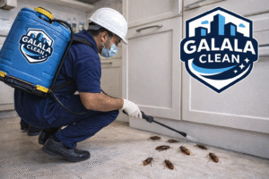 شركة مكافحة حشرات بظهران الجنوب أثناء تنفيذ أعمال رش ومكافحة الصراصير داخل المطبخ باستخدام معدات حديثة ومواد آمنة