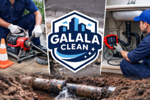 شركة تسليك مجاري بظهران الجنوب أثناء تنفيذ أعمال تسليك الصرف الصحي باستخدام معدات حديثة مع ظهور لوجو جلالة كلين