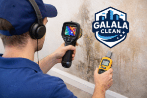 شركة كشف تسربات المياه بظهران الجنوب أثناء فحص الجدران باستخدام أجهزة حرارية حديثة لتحديد أماكن التسرب بدقة عالية