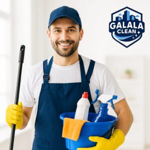 شركة تنظيف بنجران تقدم عامل تنظيف محترف أثناء أداء أعمال تنظيف المنازل باستخدام أدوات تنظيف حديثة في بيئة نظيفة ومضيئة