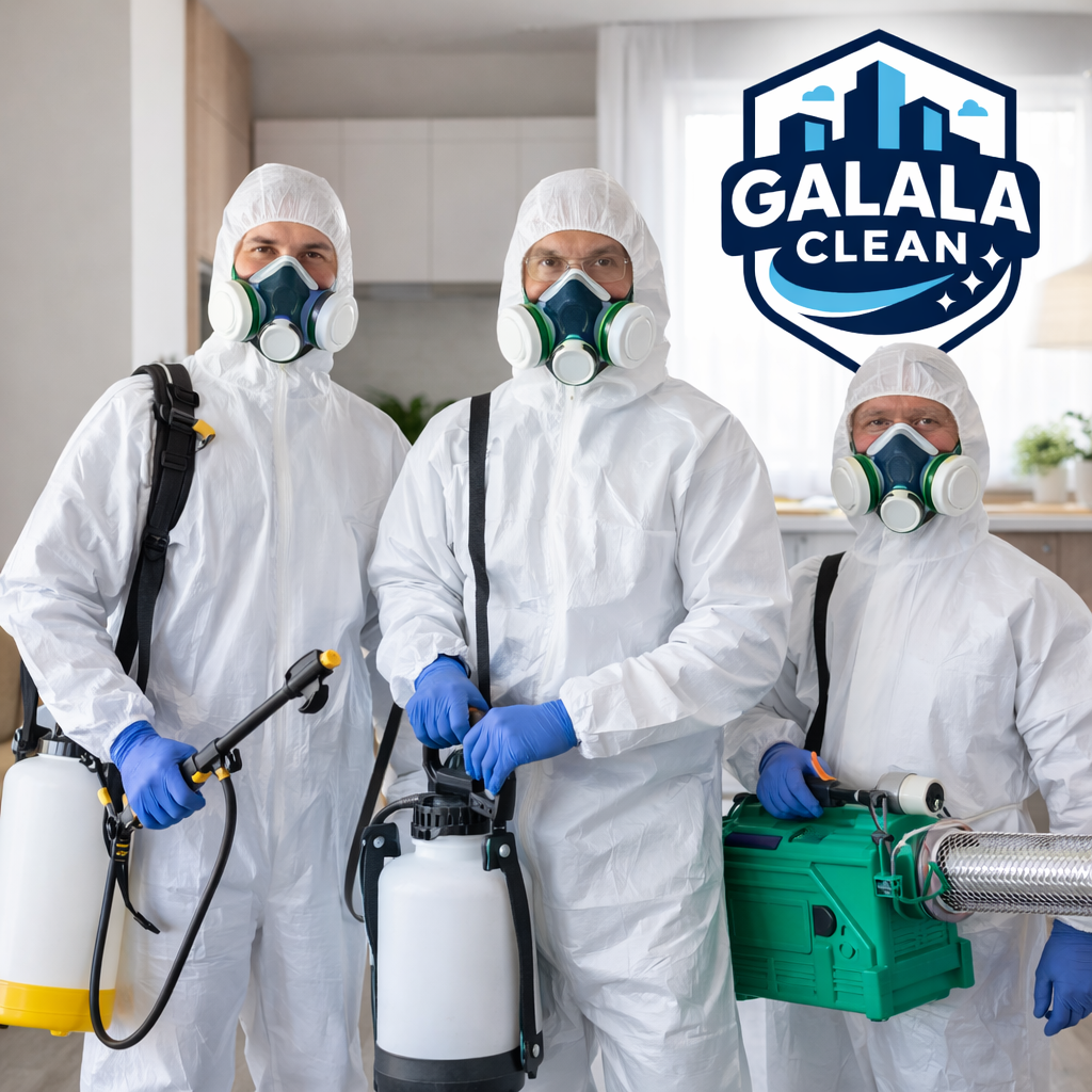 شركة مكافحة حشرات بحبونا – نجران طاقم عمل متخصص في مكافحة الحشرات يرتدي ملابس وقاية كاملة وأقنعة أمان أثناء تنفيذ الخدمة داخل منزل باستخدام معدات حديثة