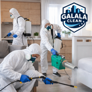 شركة مكافحة حشرات بحبونا – نجران أثناء تنفيذ أعمال رش ومكافحة الحشرات داخل منزل بواسطة طاقم عمل يرتدي ملابس وقاية كاملة ويستخدم معدات حديثة