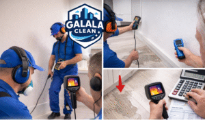 شركة كشف تسربات المياه بحبونا – نجران أثناء فحص الجدران والأرضيات باستخدام أجهزة كشف حديثة مع ظهور اللوجو أعلى الصورة