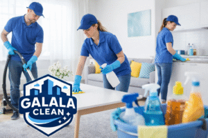 شركة تنظيف منازل بيدمة – عمال تنظيف محترفون يقومون بتنظيف المنزل باستخدام معدات حديثة مع وضع شعار الجلالة كلين على الصورة