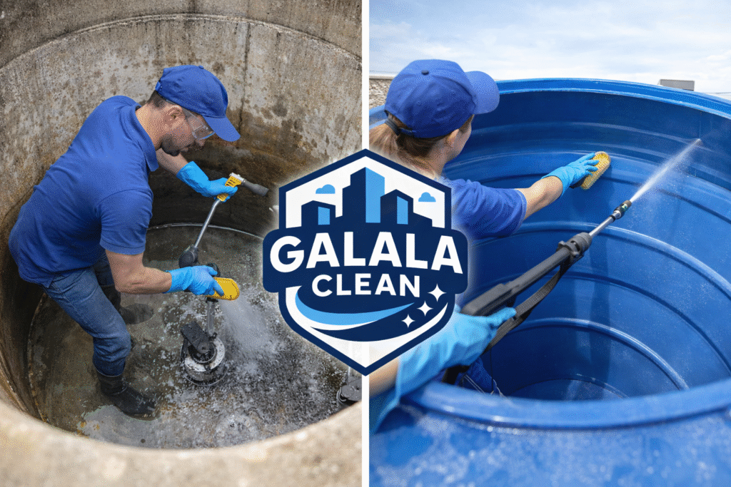 شركة تنظيف خزانات بيدمة – تنظيف داخلي لخزان أرضي خرساني وخزان علوي بلاستيك بواسطة عمال محترفين مع وضع شعار الجلالة كلين