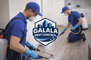 شركة مكافحة حشرات بيدمة – عمال مكافحة حشرات يقومون برش المبيدات داخل المنزل باستخدام معدات حديثة مع وضع شعار الجلالة كلين