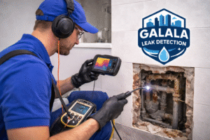 شركة كشف تسربات المياه بيدمة – فحص تسربات الحمامات والجدران باستخدام أجهزة كشف حديثة مع وضع شعار الجلالة كلين