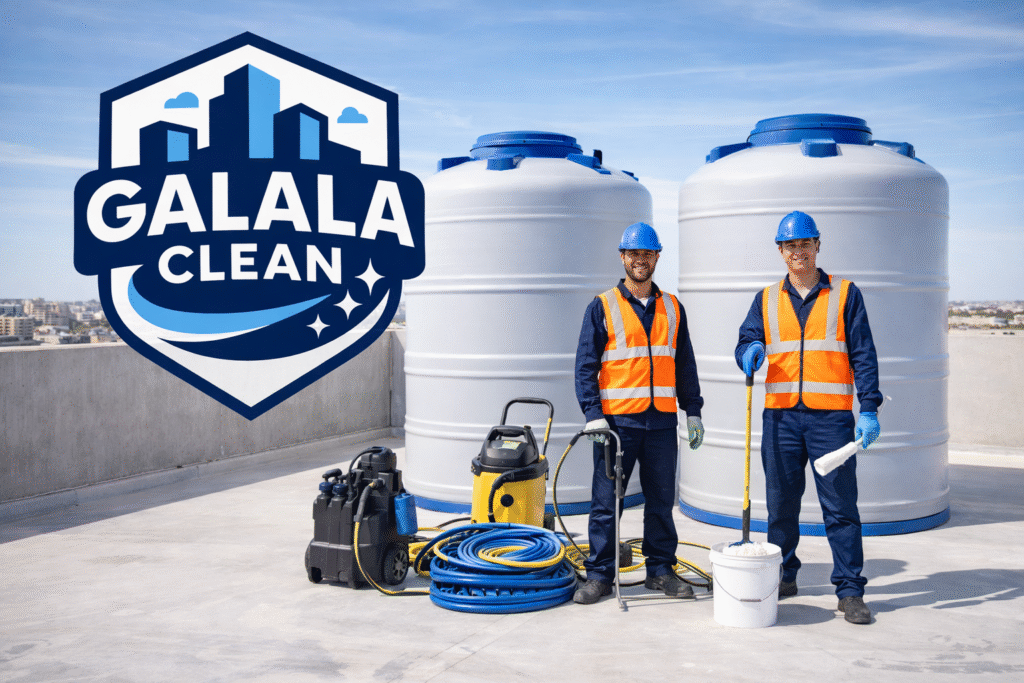شركة عزل خزانات بيدمة أثناء تنفيذ أعمال عزل وتنظيف خزانات مياه علوية على سطح المبنى باستخدام معدات حديثة مع ظهور شعار الجلالة كلين
