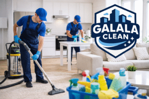 شركة تنظيف بيدمة خلال أعمال تنظيف احترافية للمنازل تشمل الكنب والسجاد والمطابخ بواسطة فريق متخصص مع شعار الجلالة كلين أعلى الصورة