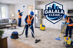 شركة تنظيف بيدمة أثناء تنفيذ تنظيف شامل للمنزل يشمل الأرضيات والمجالس والمطبخ باستخدام معدات حديثة مع ظهور شعار الجلالة كلين