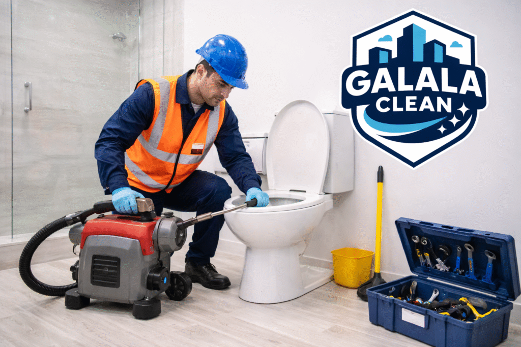 شركة تسليك مجاري بيدمة أثناء تنفيذ أعمال تسليك صرف صحي داخل الحمام باستخدام معدات حديثة مع ظهور شعار الجلالة كلين أعلى الصورة