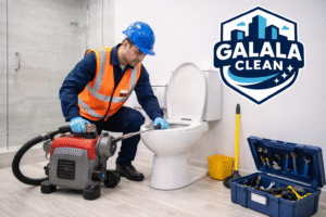 شركة تسليك مجاري بيدمة أثناء تنفيذ أعمال تسليك صرف صحي داخل الحمام باستخدام معدات حديثة مع ظهور شعار الجلالة كلين أعلى الصورة