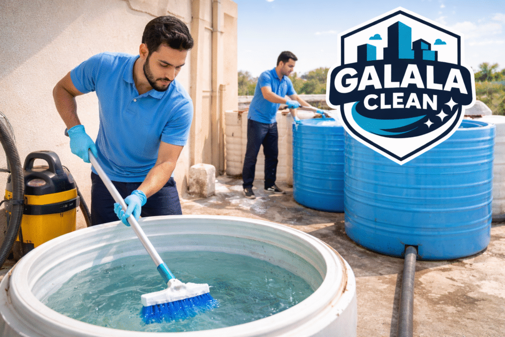 شركة تنظيف خزانات بحبونا أثناء تنفيذ أعمال تنظيف خزانات مياه أرضية وعلوية باستخدام معدات حديثة مع ظهور شعار الجلالة كلين أعلى الصورة