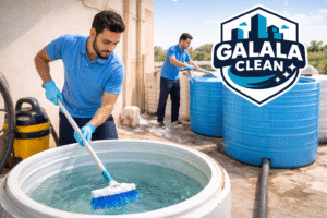 شركة تنظيف خزانات بحبونا أثناء تنفيذ أعمال تنظيف خزانات مياه أرضية وعلوية باستخدام معدات حديثة مع ظهور شعار الجلالة كلين أعلى الصورة