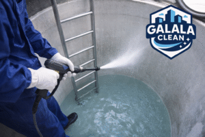 شركة تنظيف خزانات بسلطانة – نجران تنظيف خزان أرضي من الداخل باستخدام معدات حديثة مع شعار الجلالة كلين أعلى يمين الصورة